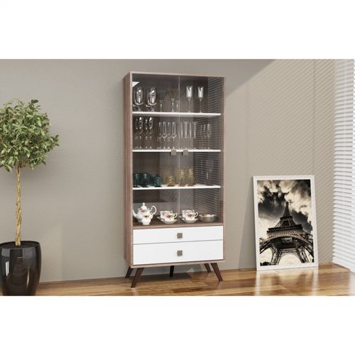 Cristaleira 2 Portas 2 Gavetas Movelbento Rústico / Branco - Cristaleira com 2 Portas de Vidro e 4 Nichos - Rústico/Branco