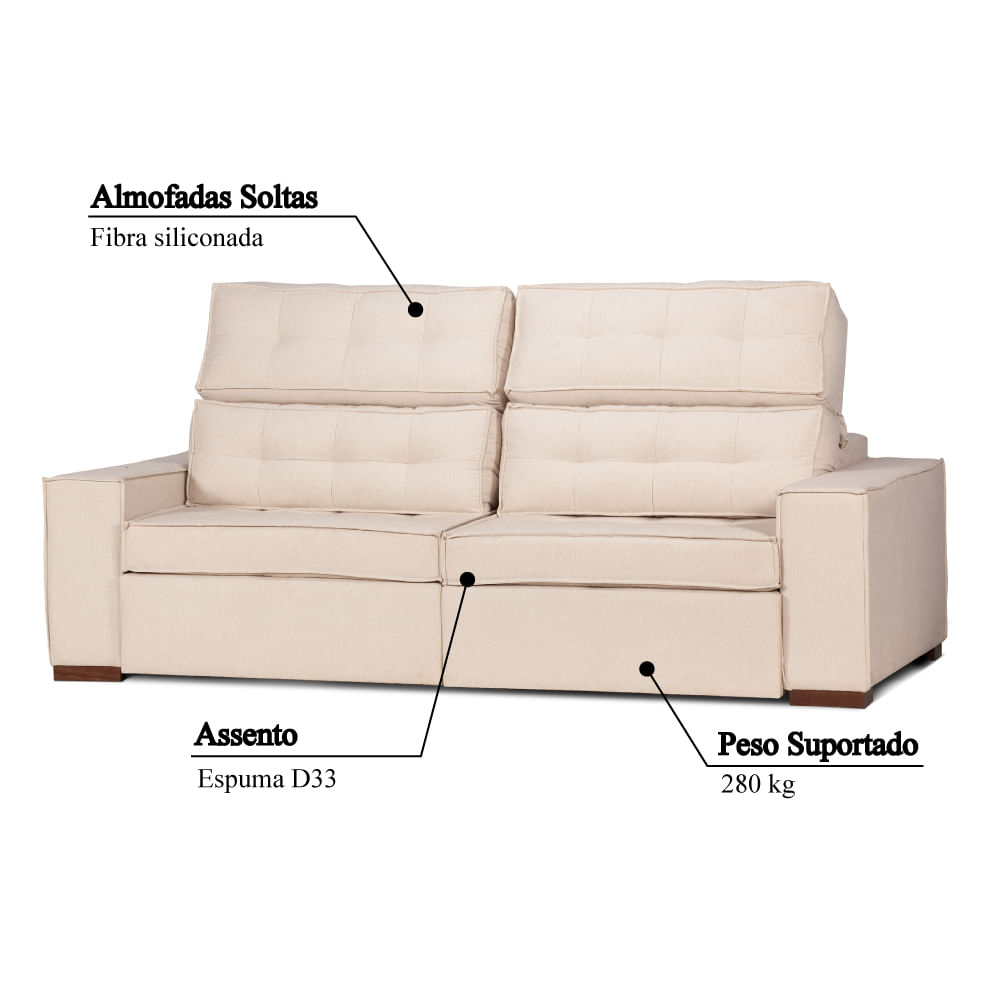 Sofá Astúrias Reclinável e Retrátil com Tecido Poliéster 290 cm Bege