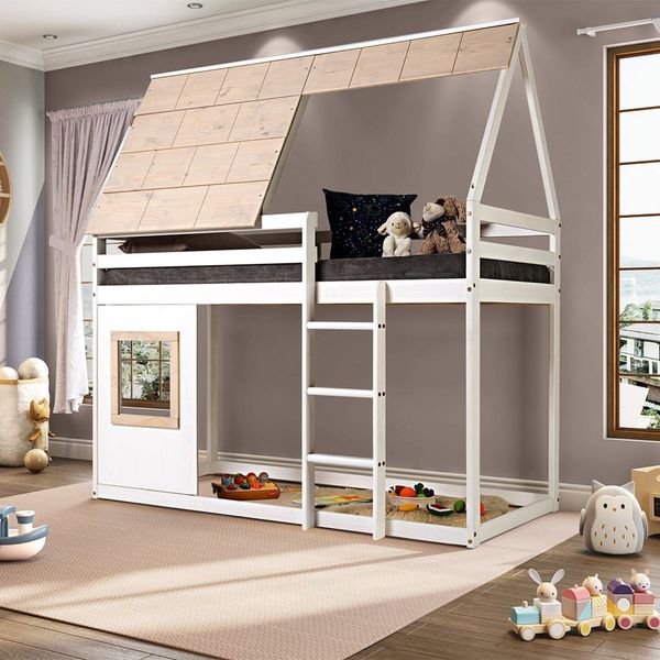 Cama Alta Cabana com Janela Noopy Casatema Branco/Cera Bege