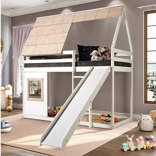 Cama Alta Cabana Noopy com Escorregador Casatema Branco/Cera Bege Branco/Cera Bege