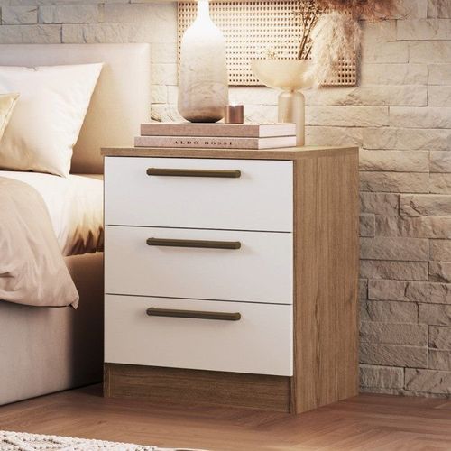Mesa de Cabeceira Modulada 3 Gavetas Requinte+ 100% MDF Marrom Macadâmia/Branco Line Macadâmia/Branco Line