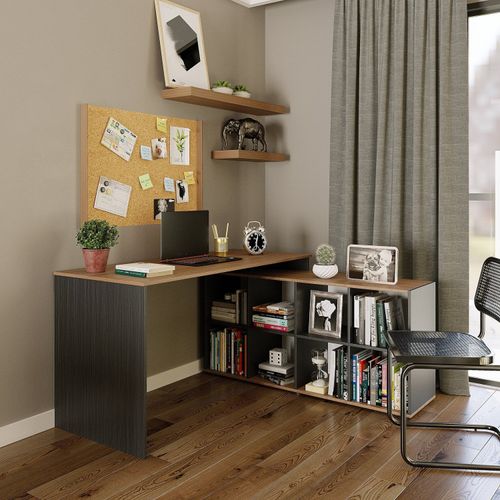 Mesa de Escritório em L com 8 Nichos - Preto/Montana