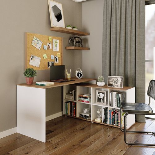 Mesa de Escritório em L com 8 Nichos - Branco/Montana