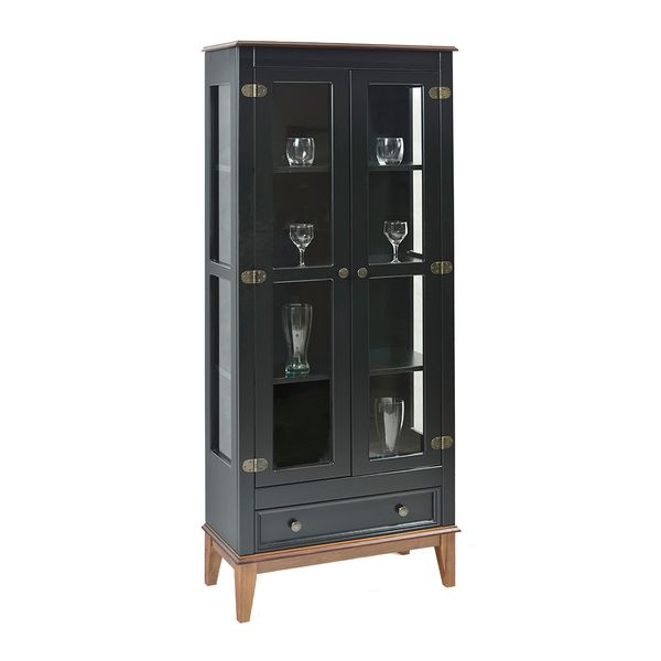 Cristaleira com 2 Portas de Vidro e 1 Gaveta - Amêndoa/Preto