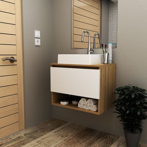 Gabinete para Banheiro com 1 Porta Basculante - Amêndoa/Branco