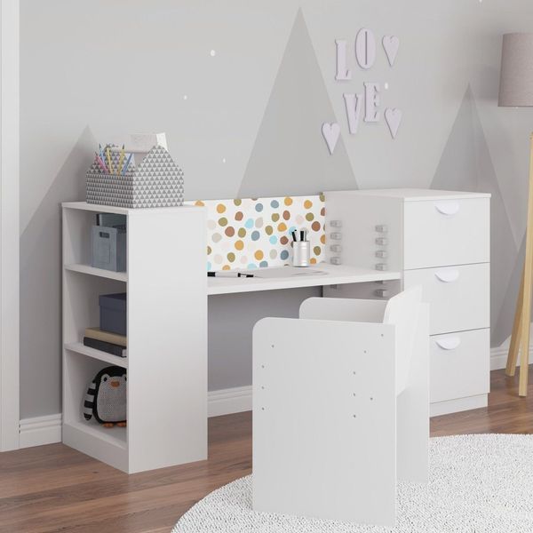 Conjunto Infantil com 1 Mesa 3 Gavetas 3 Nichos 1 Cadeira Regulável Be Imobiliário Branco TX