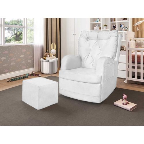 Poltrona para Amamentação Ludmila com Balanço em Madeira e Puff - Branco