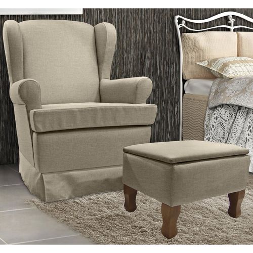 Poltrona para Amamentação Maria Vitória em Linho com Balanço em Madeira e Puff Baú - Bege