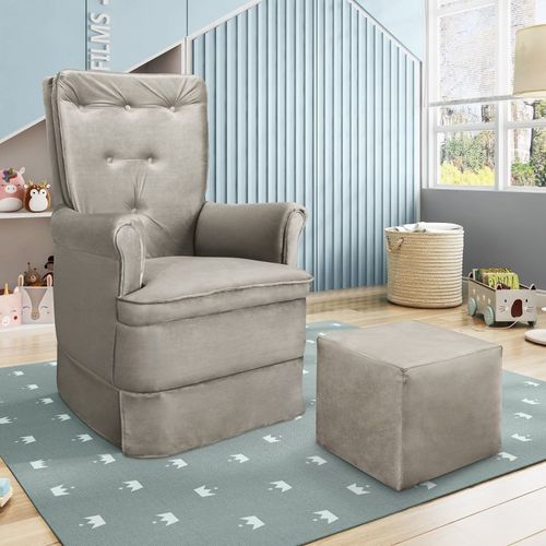 Poltrona para Amamentação Valentina em Veludo com Balanço em Madeira e Puff - Cinza