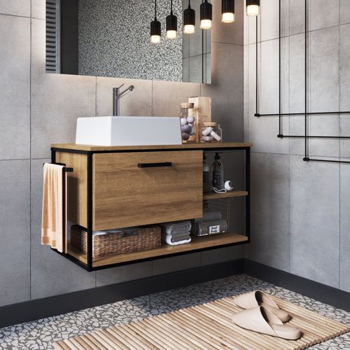 Gabinete para Banheiro Industrial Suspenso 80 cm com 1 Porta e Cuba - Preto/Mel