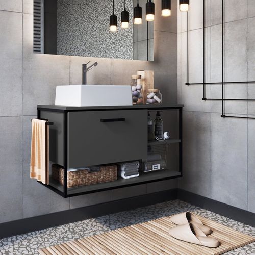 Gabinete para Banheiro Industrial Suspenso 80 cm com 1 Porta e Cuba - Preto/Grafite