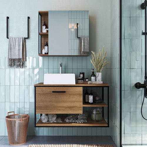 Conjunto para Banheiro Industrial com Gabinete, Cuba e Armário com Espelho - Preto/Mel