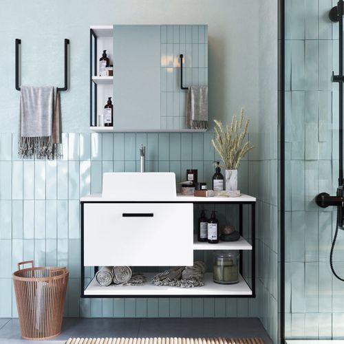 Conjunto para Banheiro Industrial com Gabinete, Cuba e Armário com Espelho - Preto/Branco