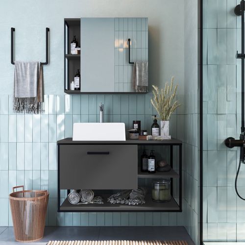 Conjunto para Banheiro Industrial com Gabinete, Cuba e Armário com Espelho - Preto/Grafite