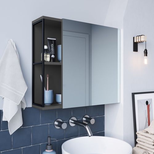 Espelheira para Banheiro 53x60cm Placa e Ponto Preto/Grafite