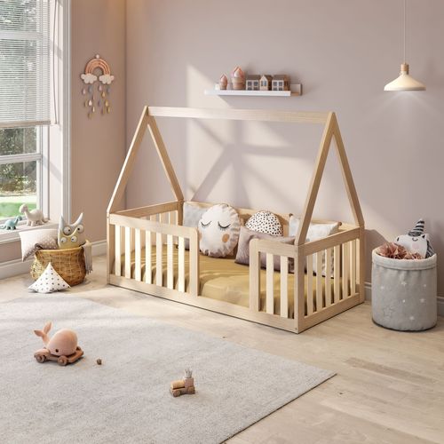 Mini Cama Montessoriana com Grade e Telhado Giulia Casatema Marrom/Bege Natural/Bege