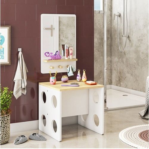 Estação de Autocuidado Montessoriano com Espelho Branco/Natural - Casatema
