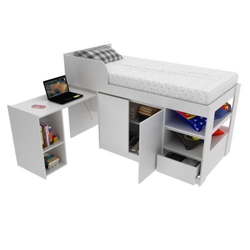 Cama Multifuncional com Armário e Escrivaninha - Branco