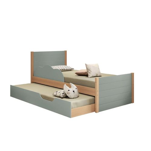 Bicama Infantil Woody com Cama Auxiliar e Rodízios - Menta/Nature