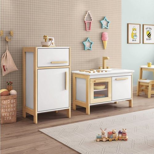 Kit Cozinha e Geladeira Funcional Montessoriana Branco/Natural - Casatema