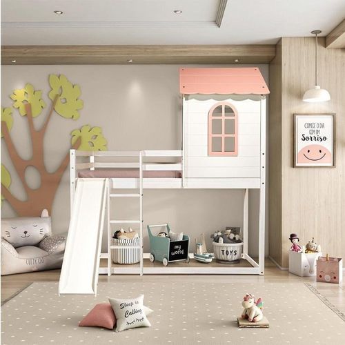 Cama Alta Infantil Club House Sweet com Escorregador Casatema Branco/Rosa Branco/Rosa