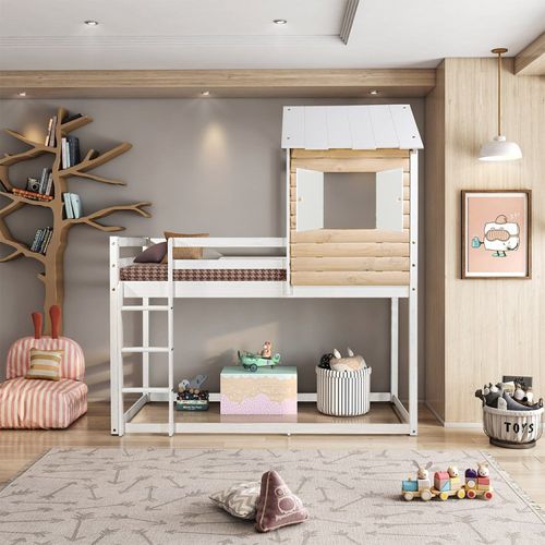 Cama Alta Infantil Club House Wood Casatema Branco/Marrom Branco/Natural