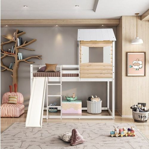 Cama Alta Infantil Club House Wood com Escorregador Casatema Branco/Marrom Branco/Natural
