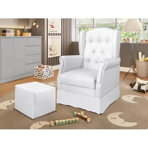 Poltrona de Amamentação Balanço com Puff em Corino Leticia Branco Branco