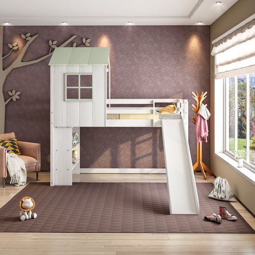 Cama Alta Infantil Cabana Family com Escorregador e Estante Casatema Branco/Verde
