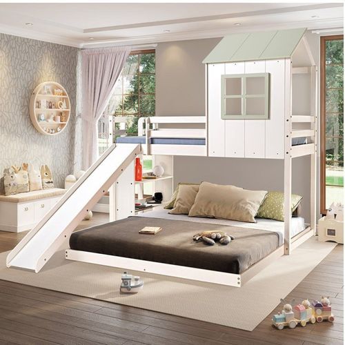 Beliche Solteiro Queen Montessoriano Cabana com Escorregador e Estante Casatema Branco/Verde
