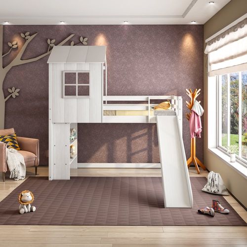 Cama Alta Infantil Cabana Family com Escorregador e Estante Casatema Branco/Offwhite