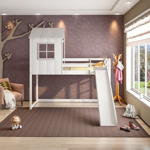 Cama Alta Infantil Cabana Family com Escorregador Casatema Branco/Offwhite