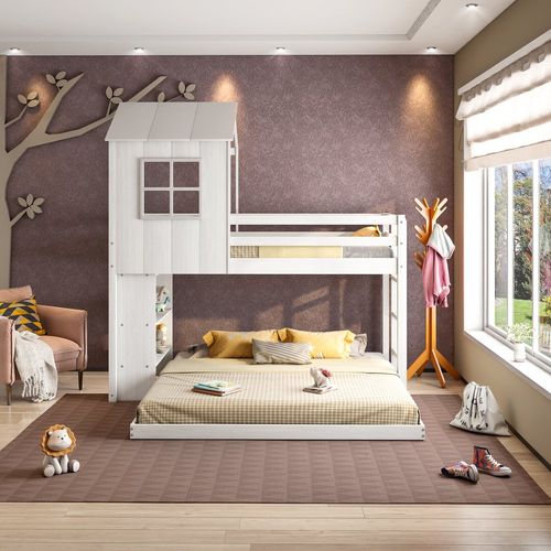 Beliche Solteiro Queen Montessoriano Cabana Family com Estante Casatema Branco/Offwhite