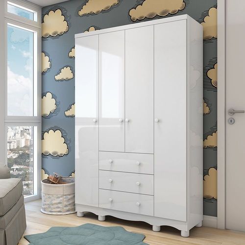 Guarda Roupa Infantil 4 Portas e 3 Gavetas 100% MDF Mimo Branco Brilho
