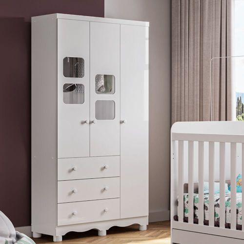 Guarda-Roupa Infantil 91cm 3 Portas 3 Gavetas com Janelas e Pés Mimo 100% MDF Espresso Móveis Branco Brilho