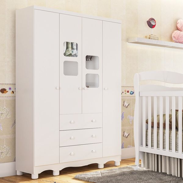 Guarda-Roupa Infantil 122cm 4 Portas 3 Gavetas com Janelas e Pés Mimo 100% MDF Espresso Móveis Branco Brilho
