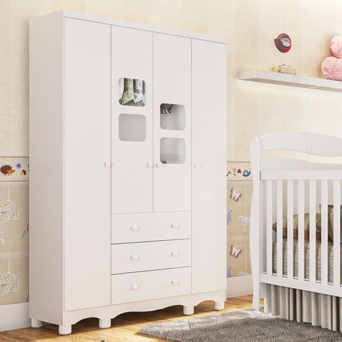 Guarda-Roupa Infantil 122cm 4 Portas 3 Gavetas com Janelas e Pés Mimo 100% MDF Espresso Móveis Branco Brilho