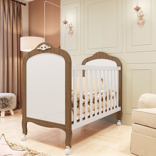 Berço Mini Cama 2 em 1 Americano em MDF Elô Móveis Peroba Branco Brilho/Carvalho