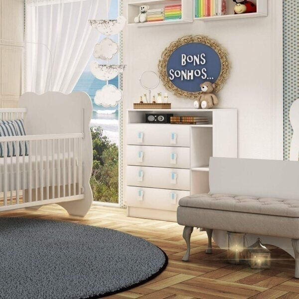 Cômoda de Bebê 4 Gavetas Baby Branco/Rosa/Azul