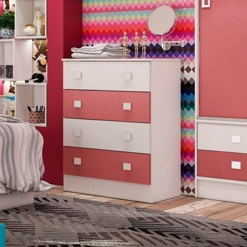 Cômoda Infantil 4 Gavetas Espresso Móveis Branco/Rosa