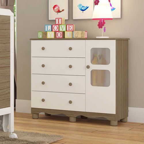 Cômoda Infantil 95cm 1 Porta com Janela e 4 Gavetas Mimo 100% MDF Espresso Móveis Branco Brilho/Carvalho