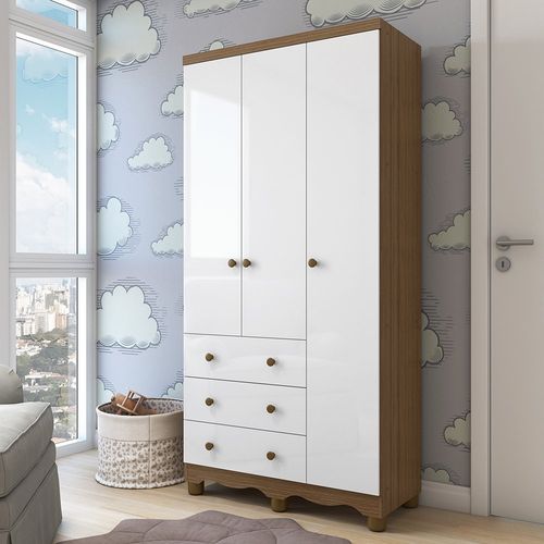 Guarda Roupa Infantil 3 Portas e 3 Gavetas 100% MDF Mimo Branco Brilho/Carvalho