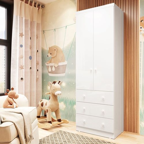 Guarda Roupa Infantil 2 Portas e 3 Gavetas 100% MDF Smim Branco Brilho