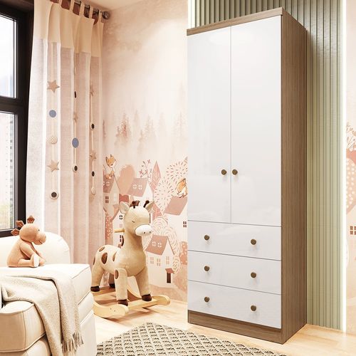 Guarda Roupa Infantil 2 Portas e 3 Gavetas 100% MDF Smim Branco Brilho/Carvalho
