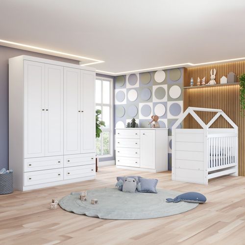 Quarto de Bebê com Guarda Roupa 4 Portas 1 Cômoda e 1 Berço Mini Cama Faz de Conta Espresso Móveis Branco