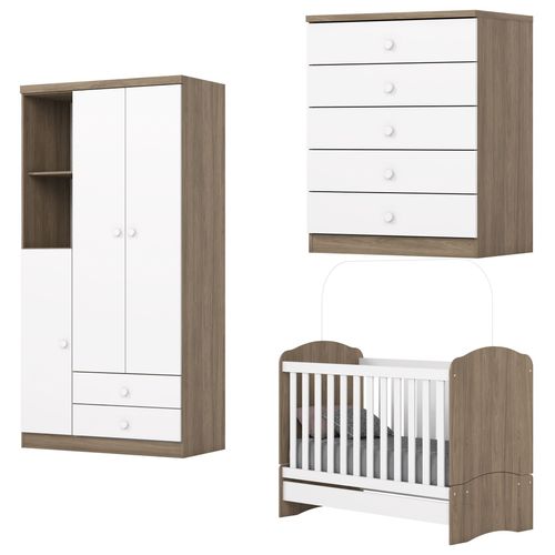 Quarto de Bebê com Guarda Roupa 3 Portas Cômoda e Berço Faz de Conta Espresso Móveis Branco/Rústico