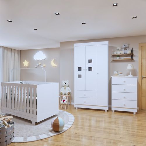 Quarto de Bebê Completo 100% MDF com Guarda Roupa 3 Portas, Cômoda e Berço Mini Cama Life Espresso Móveis Branco