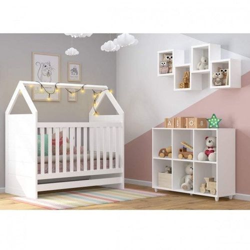 Conjunto Casinha Berço Mini Cama e Nichos Faz de Conta Espresso Móveis Branco