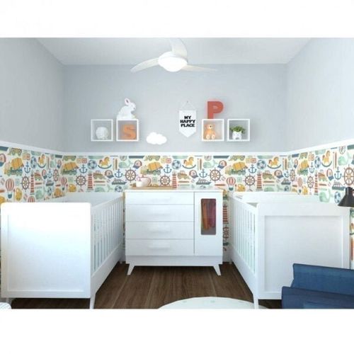 Quarto de Bebê com Berço Cômoda com Janela e 2 Nichos 100% MDF Retrô Kakau Espresso Móveis Branco