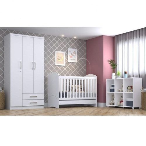 Quarto Infantil com Guarda Roupa 3 Portas Berço Mini Cama e Organizador Mariana Espresso Móveis Branco/Rosa